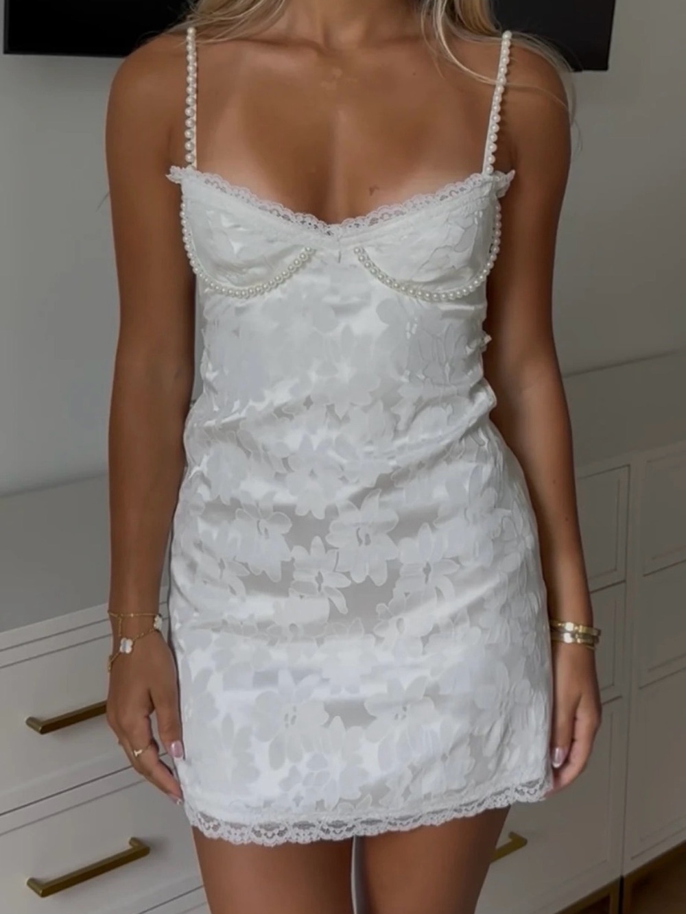 White Floral Lace Pearl-Trim Slip Dress